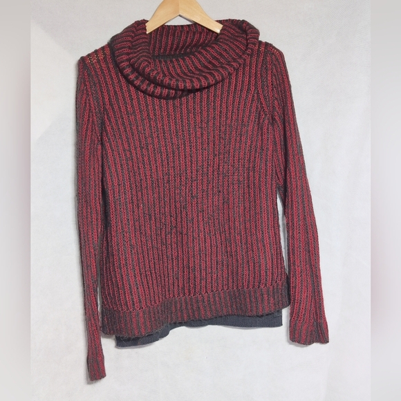 Dkny Sweaters - DKNY Cotton Acrylic Sz L Red and Black Striped Cowl Neck Sweater